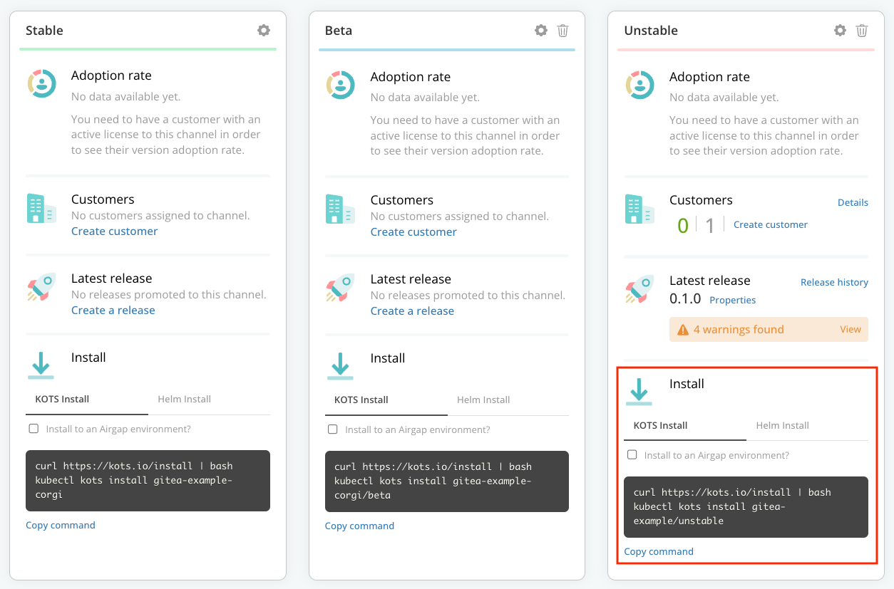 KOTS Install tab on the Unstable channel card
